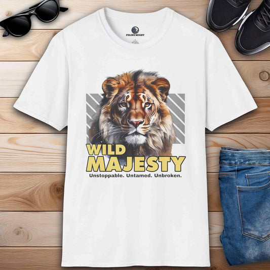 A white Wild Majesty Lion T-Shirt featuring a majestic lion illustration with the text 'Wild Majesty' and the tagline 'Unstoppable. Untamed. Unbroken.'