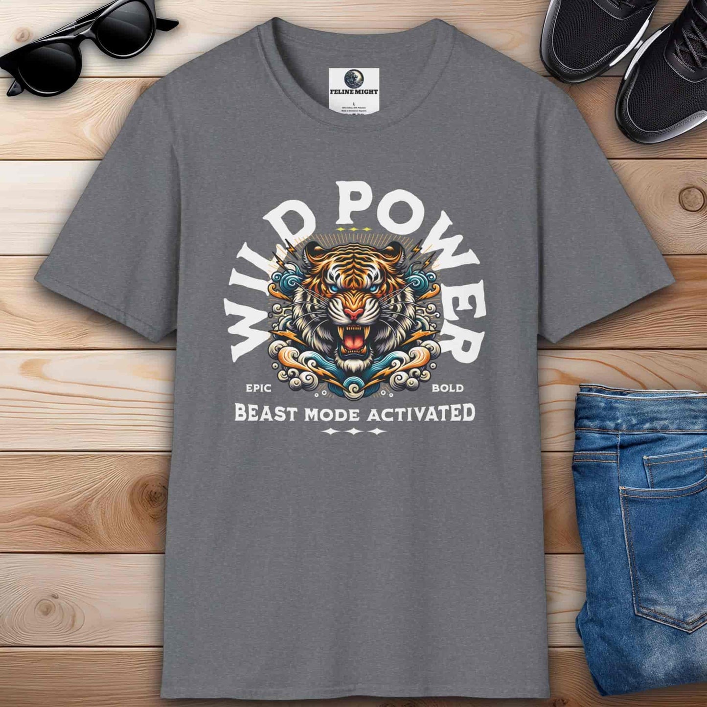 Athletic heather grey t-shirt featuring a fierce tiger design with the text 'WILD POWER' and 'BEAST MODE ACTIVATED'.