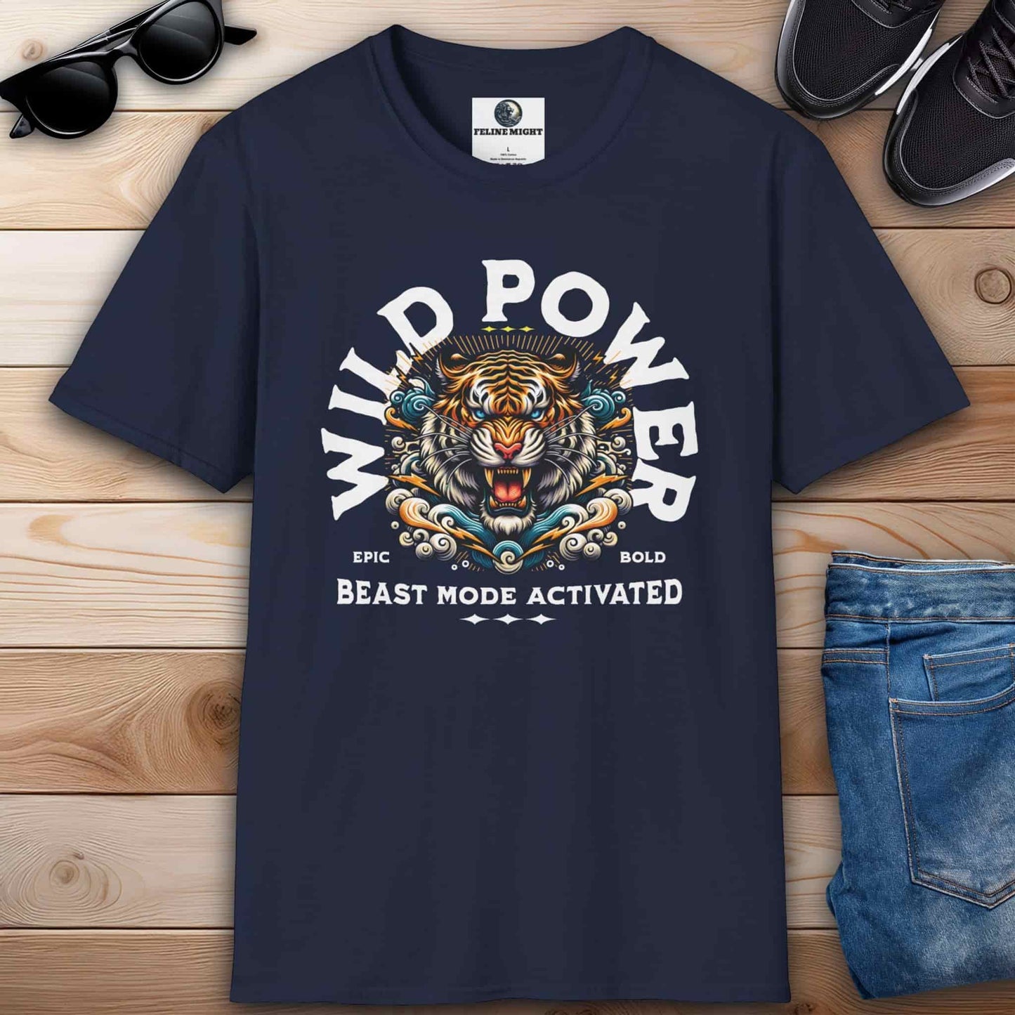 Navy blue t-shirt featuring a fierce tiger design with the text 'WILD POWER' and 'BEAST MODE ACTIVATED'.