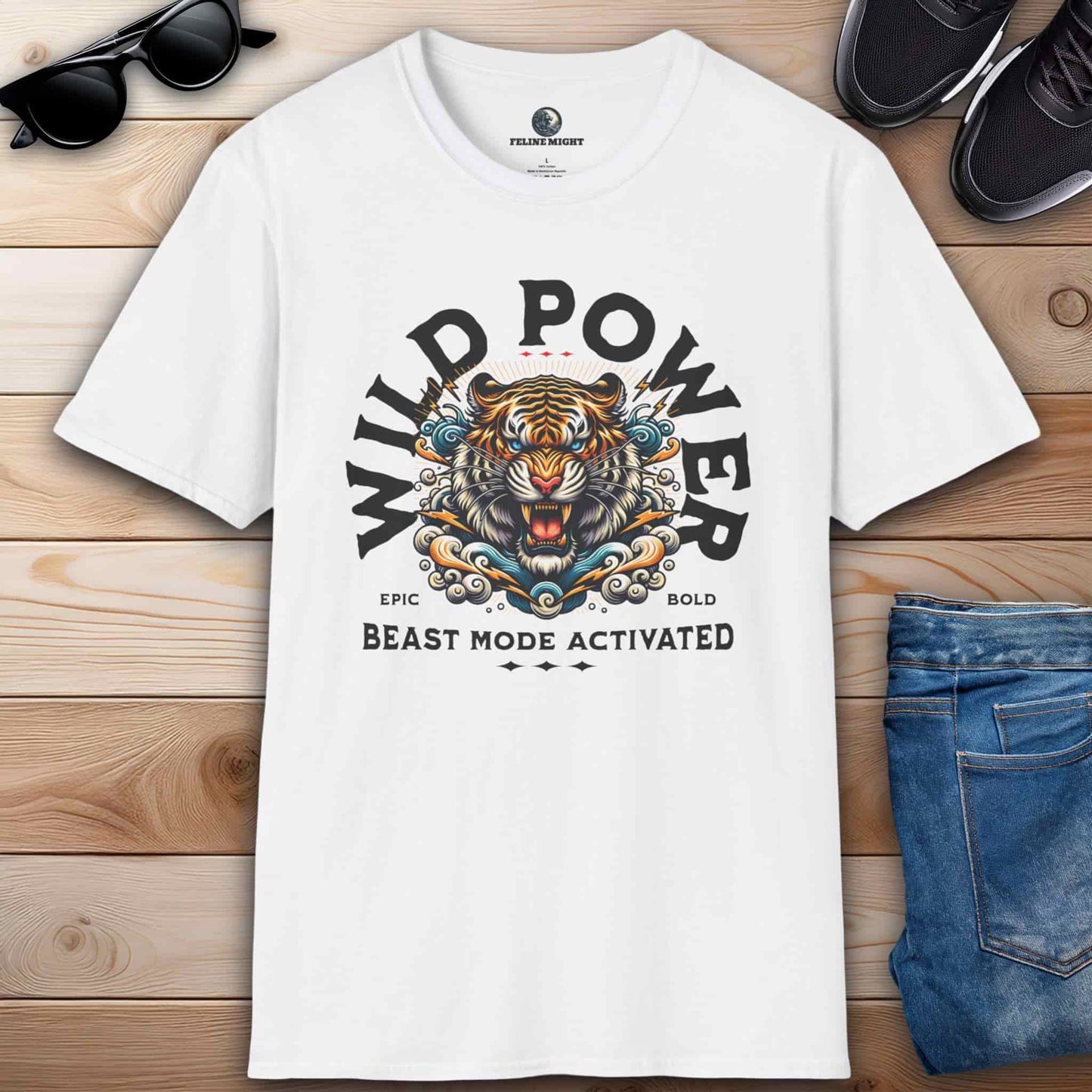 White t-shirt featuring a fierce tiger design with the text 'WILD POWER' and 'BEAST MODE ACTIVATED'.