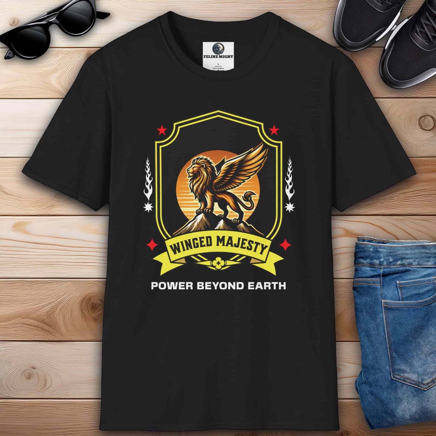Black T-shirt with a winged lion and the text 'Power Beyond Earth'