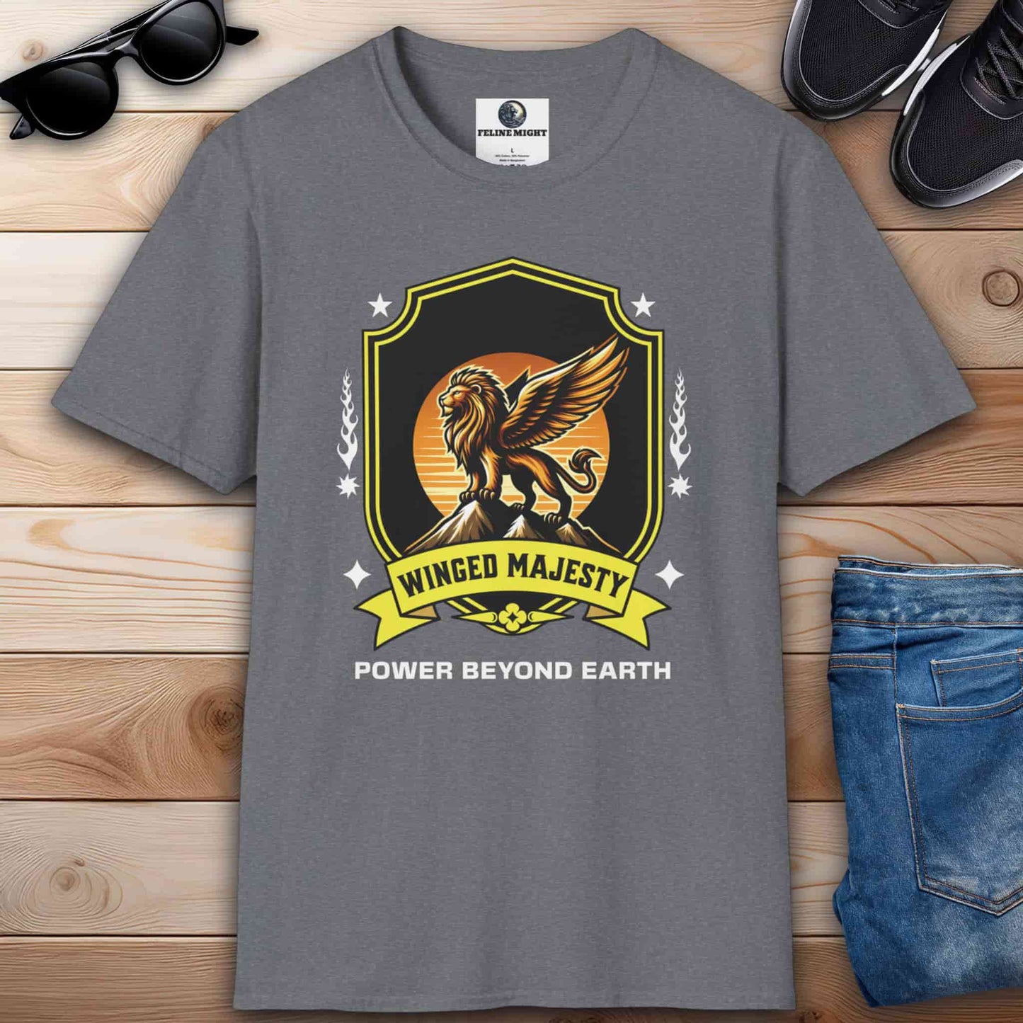 Gray T-shirt with a winged lion and the text 'Power Beyond Earth'