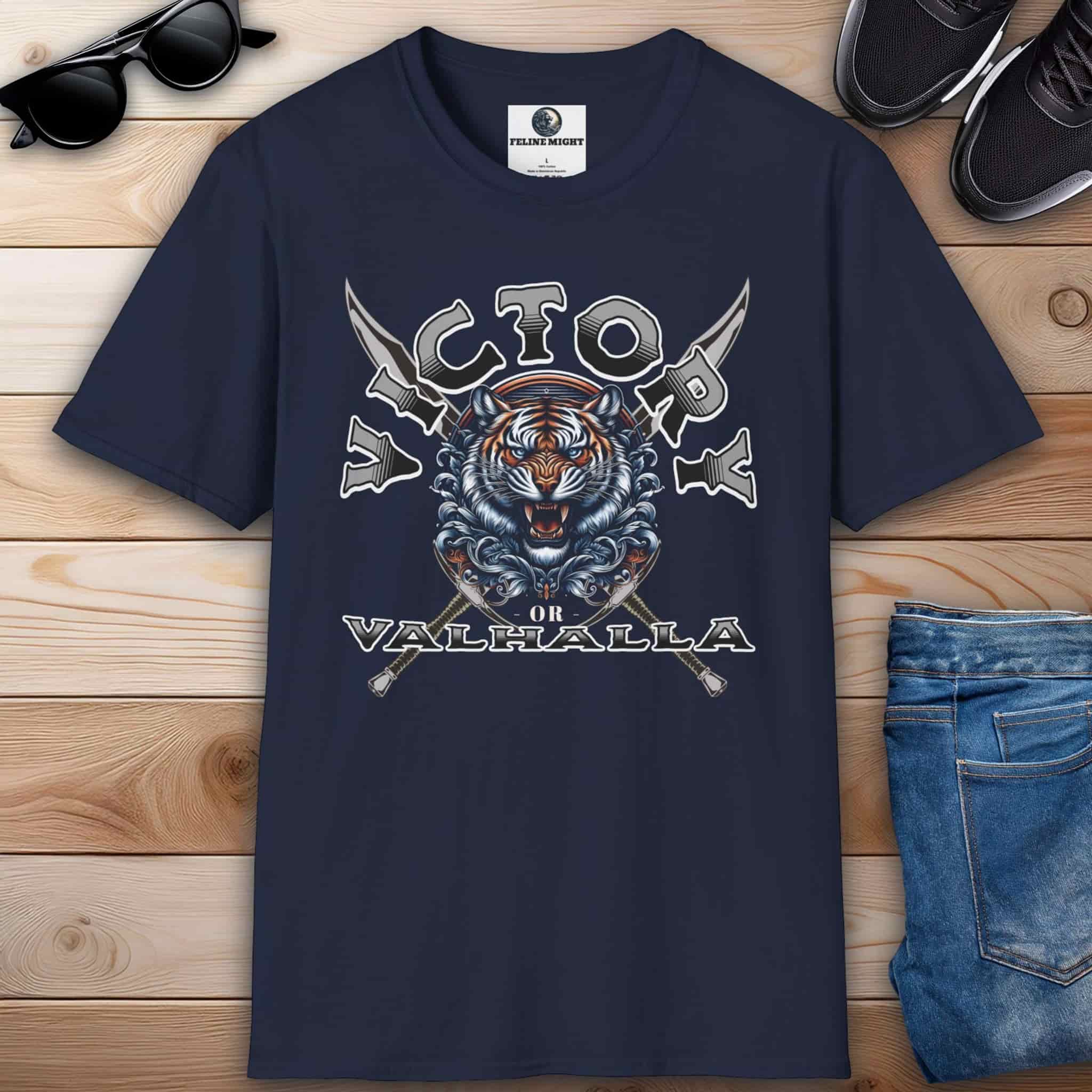 Best-Selling T-Shirts design featuring a fierce tiger graphic, crossed swords, and the text 'Victory or Valhalla.'