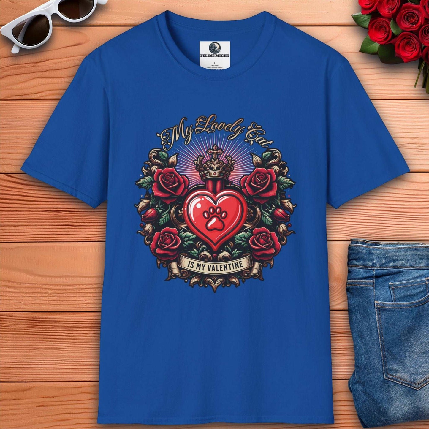 Royal blue t-shirt with a heart design and roses, featuring the text 'My Lovely Cat Is My Valentine'