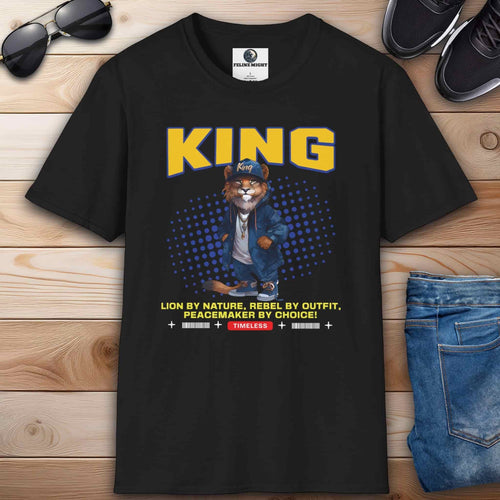 A black "King Lion by Nature" Rebel T-Shirt design featuring a lion character, text 'KING', and the text 'Rebel by Outfit'.