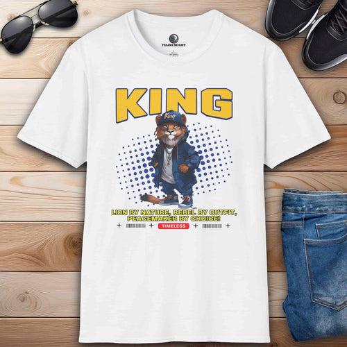 A white "King Lion by Nature" Rebel T-Shirt design featuring a lion character, text 'KING', and the text 'Rebel by Outfit'.