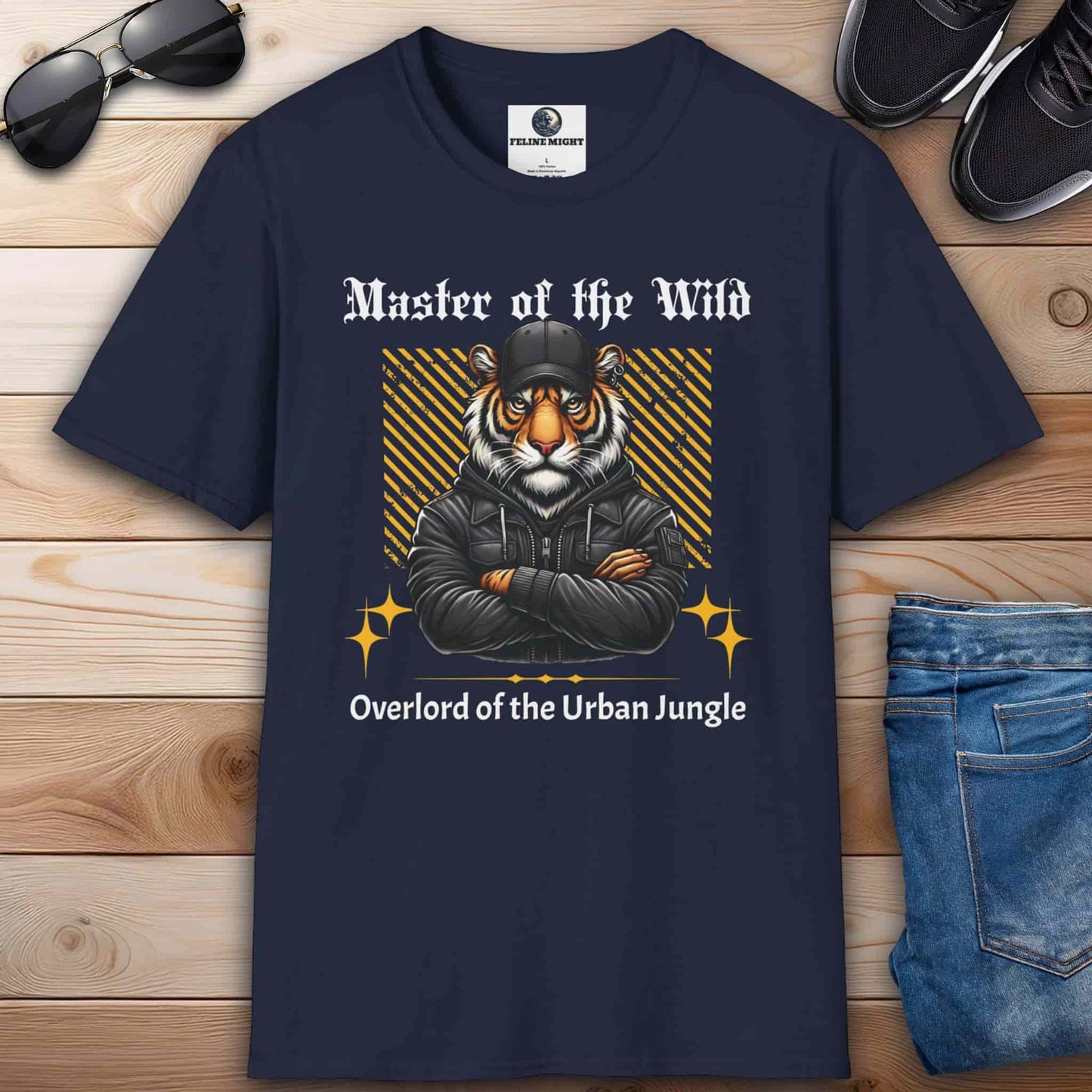 A navy blue Master of the Wild Tiger T-Shirt featuring a bold tiger graphic and the text 'Overlord of the Urban Jungle'.