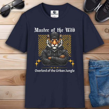 A navy blue Master of the Wild Tiger T-Shirt featuring a bold tiger graphic and the text 'Overlord of the Urban Jungle'.