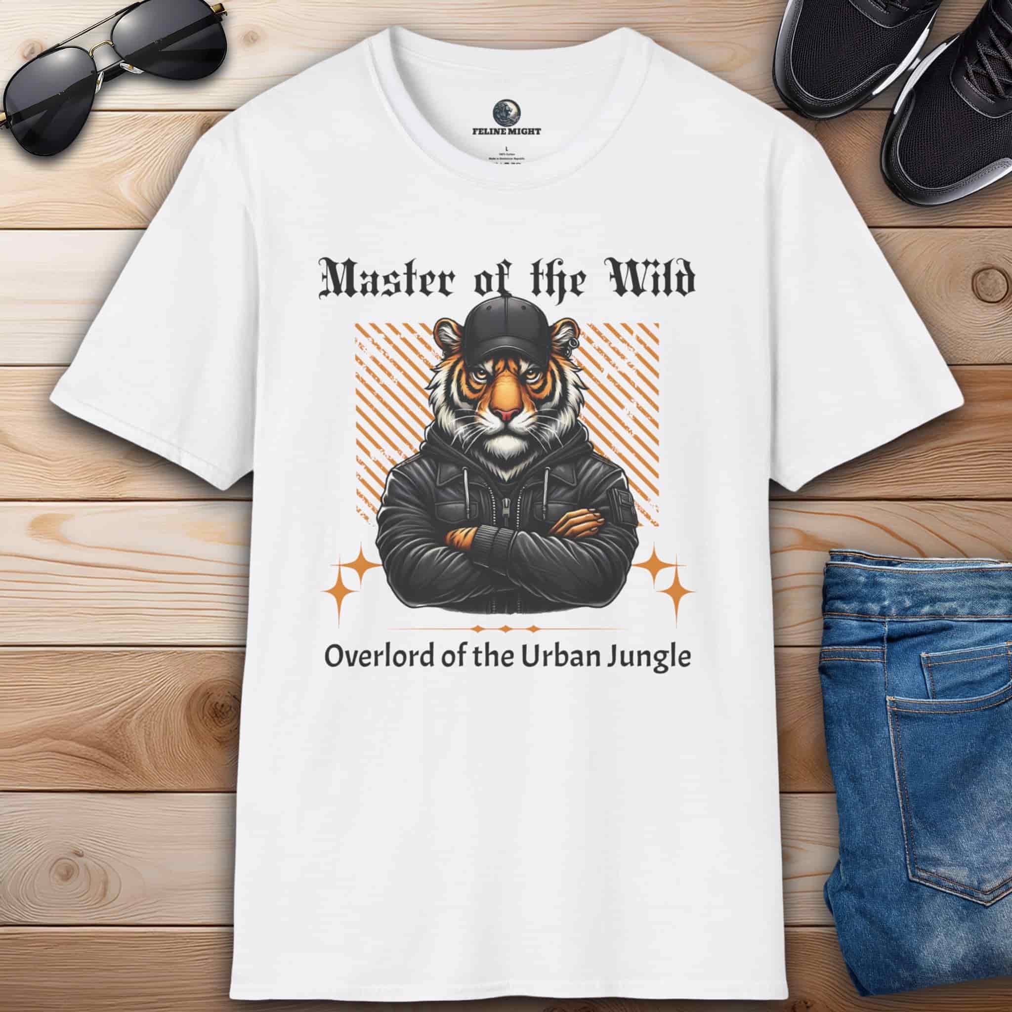 A white Urban Jungle Master Tiger Tee featuring a bold tiger graphic and the text 'Overlord of the Urban Jungle'.