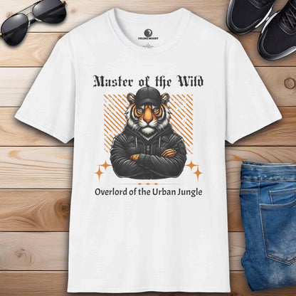A white Master of the Wild Tiger T-Shirt featuring a bold tiger graphic and the text 'Overlord of the Urban Jungle'.