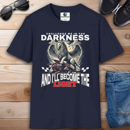 A navy blue Challenge Me in the Darkness Lion T-Shirt featuring a majestic winged lion graphic.