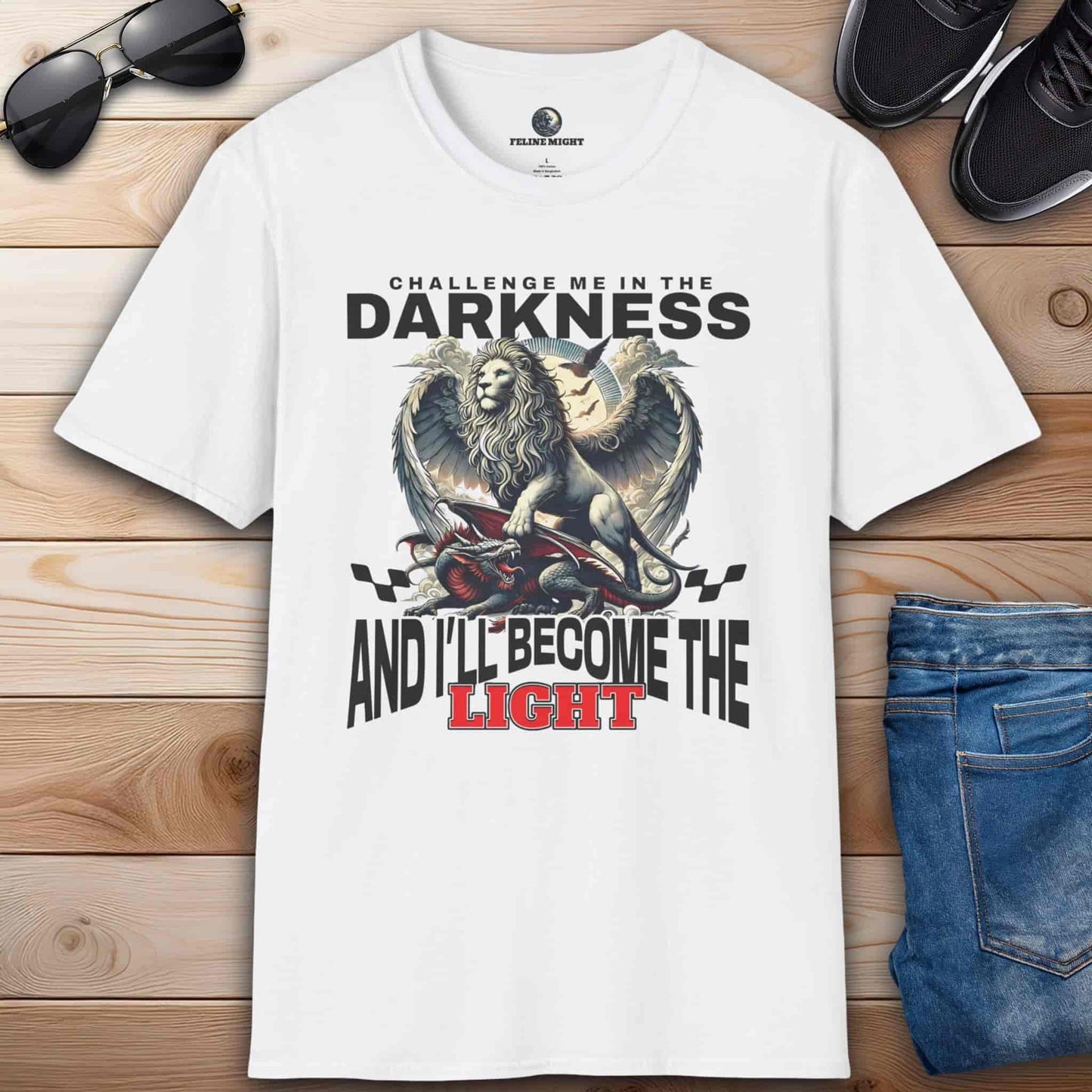 A white Challenge Me in the Darkness Lion T-Shirt featuring a majestic winged lion graphic.