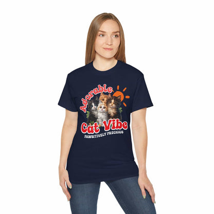 A woman wearing a navy blue Adorable Cat Vibe T-Shirt featuring four cute cats, perfect for cat lovers who embrace their feline passion.