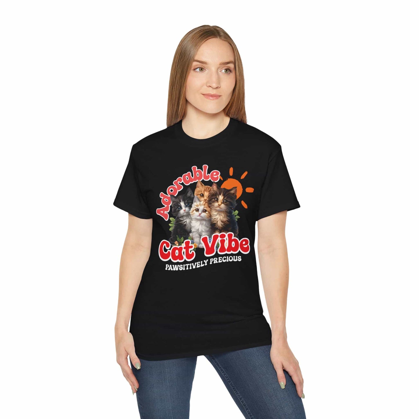 A woman wearing a black Adorable Cat Vibe T-Shirt featuring four cute cats, perfect for cat lovers who embrace their feline passion.