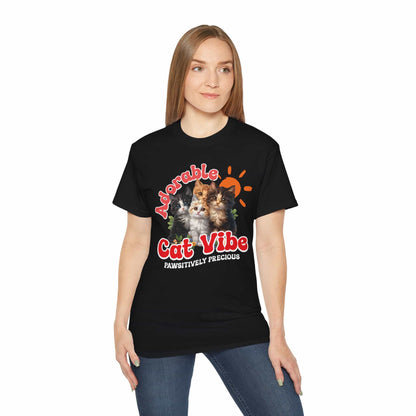 A woman wearing a black Adorable Cat Vibe T-Shirt featuring four cute cats, perfect for cat lovers who embrace their feline passion.