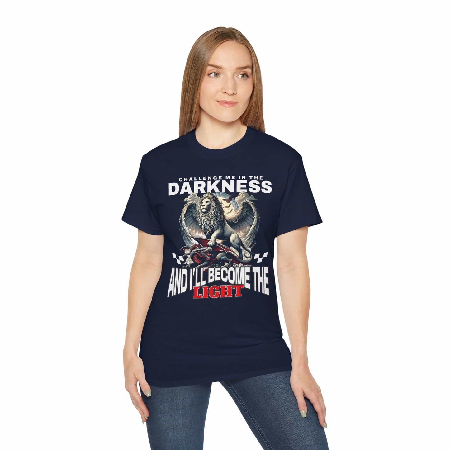 A woman wearing a navy blue Challenge Me in the Darkness Lion T-Shirt featuring a majestic winged lion graphic.