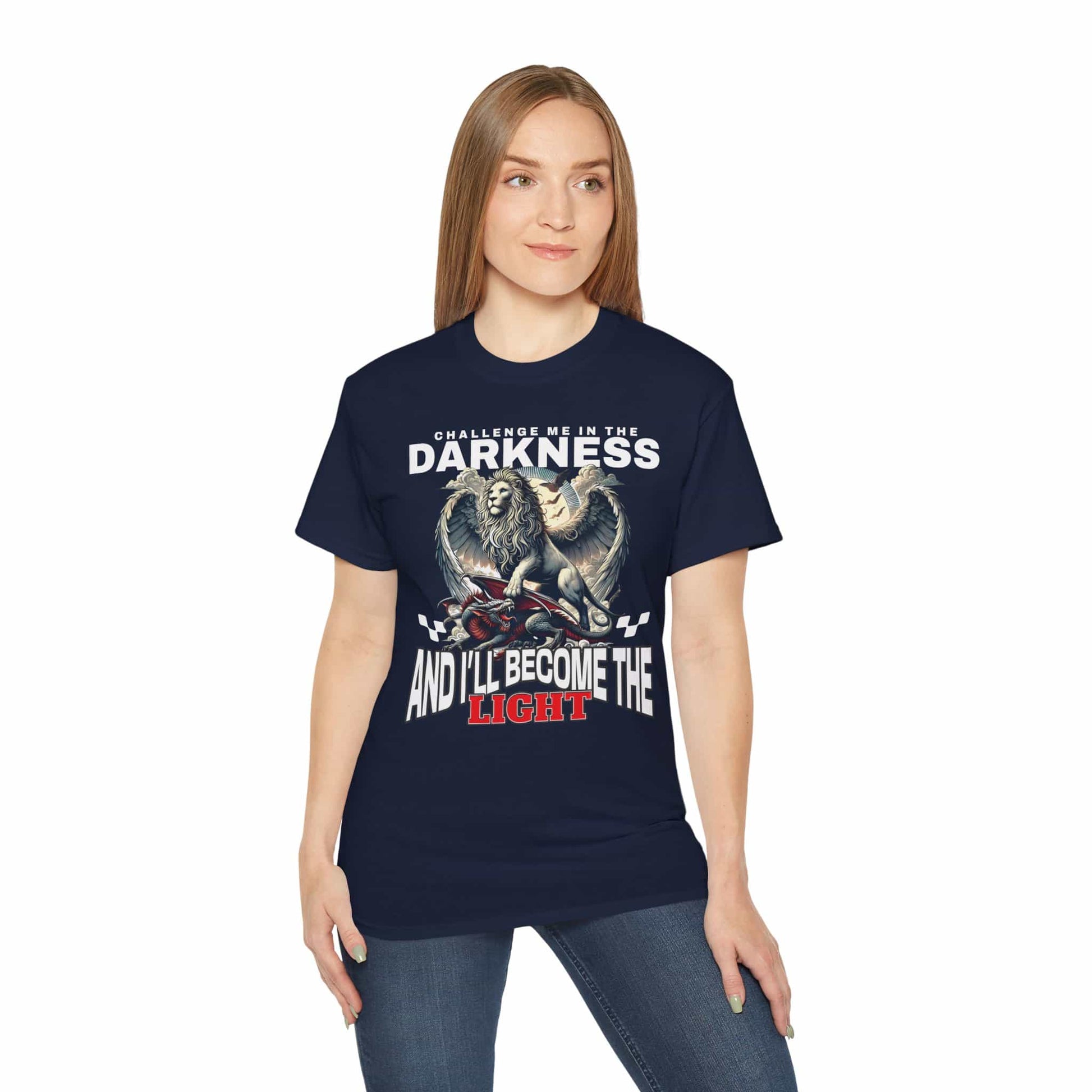 A woman wearing a navy blue Challenge Me in the Darkness Lion T-Shirt featuring a majestic winged lion graphic.