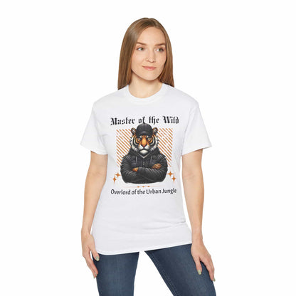 A woman wearing white Master of the Wild Tiger T-Shirt featuring a bold tiger graphic and the text 'Overlord of the Urban Jungle'.