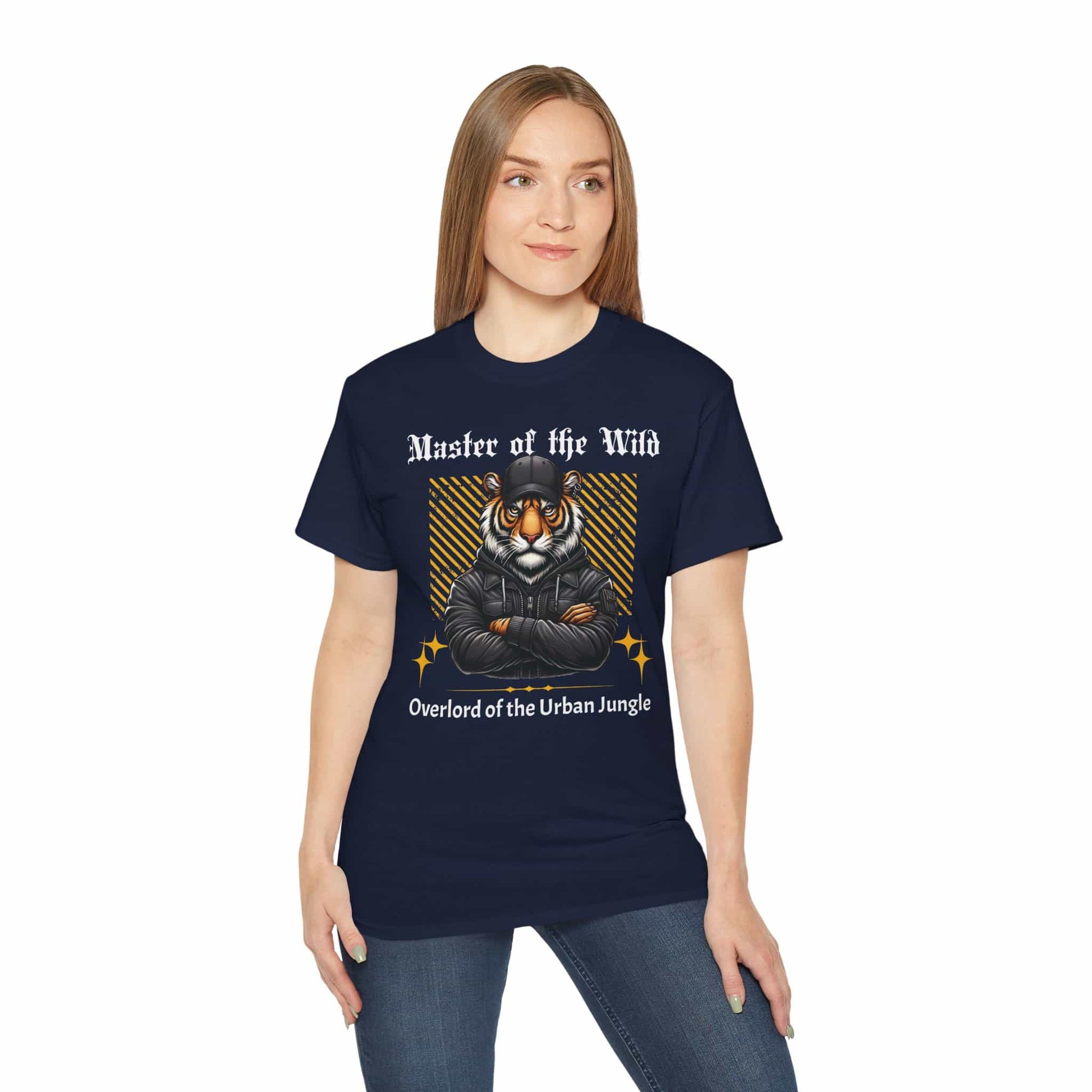 A woman wearing navy blue Master of the Wild Tiger T-Shirt featuring a bold tiger graphic and the text 'Overlord of the Urban Jungle'.