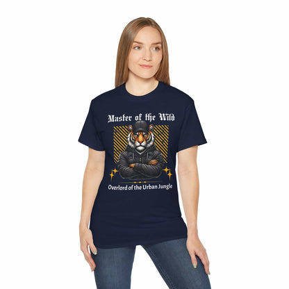 A woman wearing navy blue Master of the Wild Tiger T-Shirt featuring a bold tiger graphic and the text 'Overlord of the Urban Jungle'.