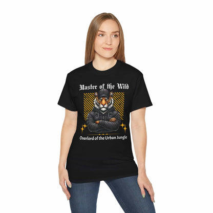 A woman wearing black Master of the Wild Tiger T-Shirt featuring a bold tiger graphic and the text 'Overlord of the Urban Jungle'.