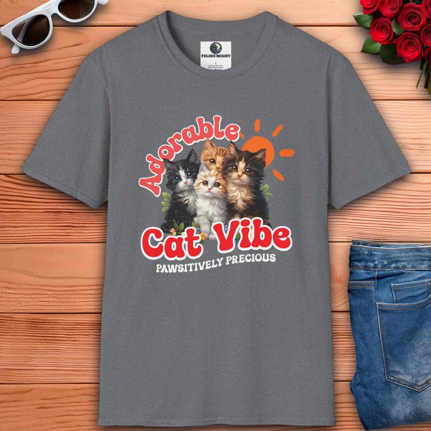 Athletic heather grey t-shirt with 'Adorable Cat Vibe' graphic featuring four cute kittens