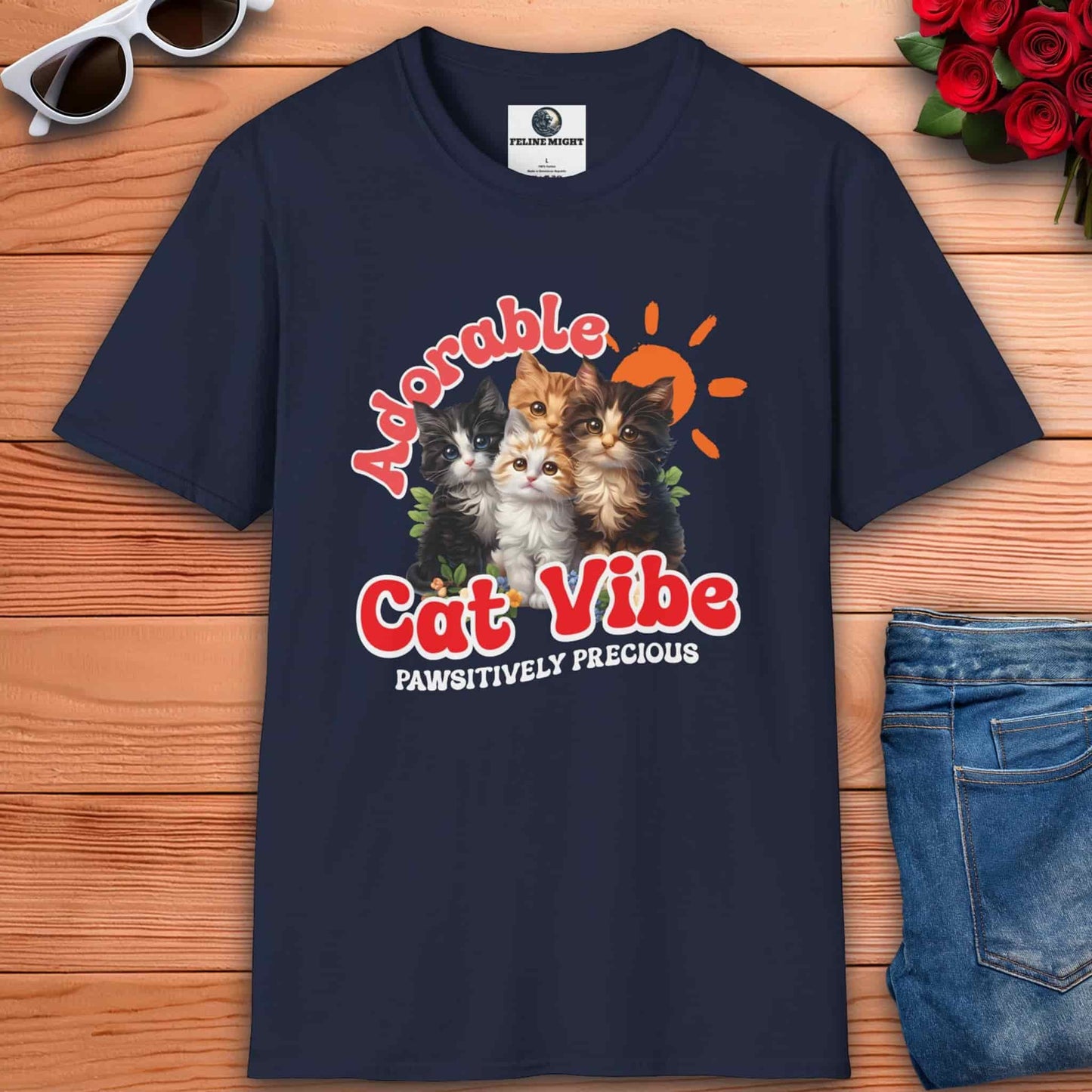 Navy blue t-shirt with 'Adorable Cat Vibe' graphic featuring four cute kittens