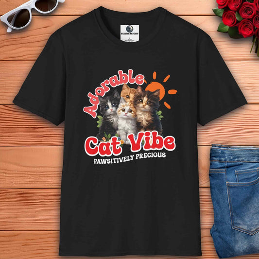 Black t-shirt with 'Adorable Cat Vibe' graphic featuring four cute kittens