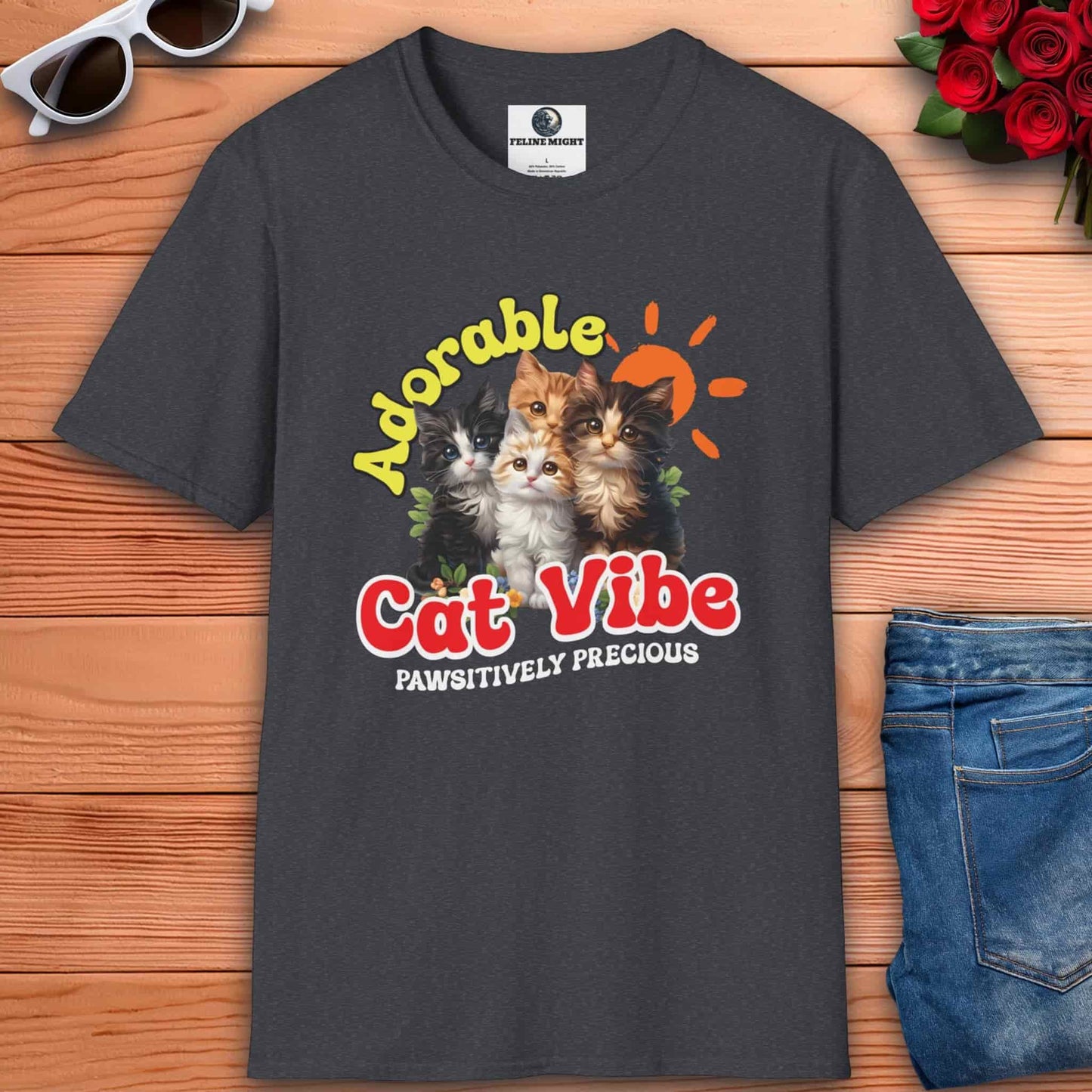 Dark heather grey t-shirt with 'Adorable Cat Vibe' graphic featuring four cute kittens