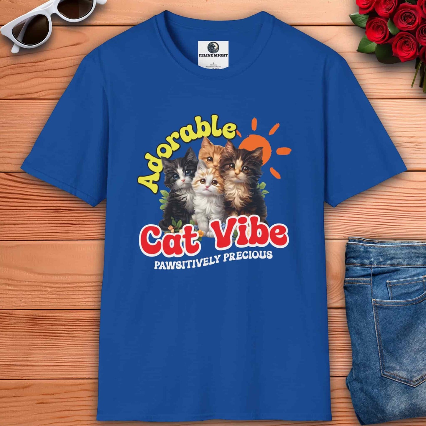 Royal blue t-shirt with 'Adorable Cat Vibe' graphic featuring four cute kittens