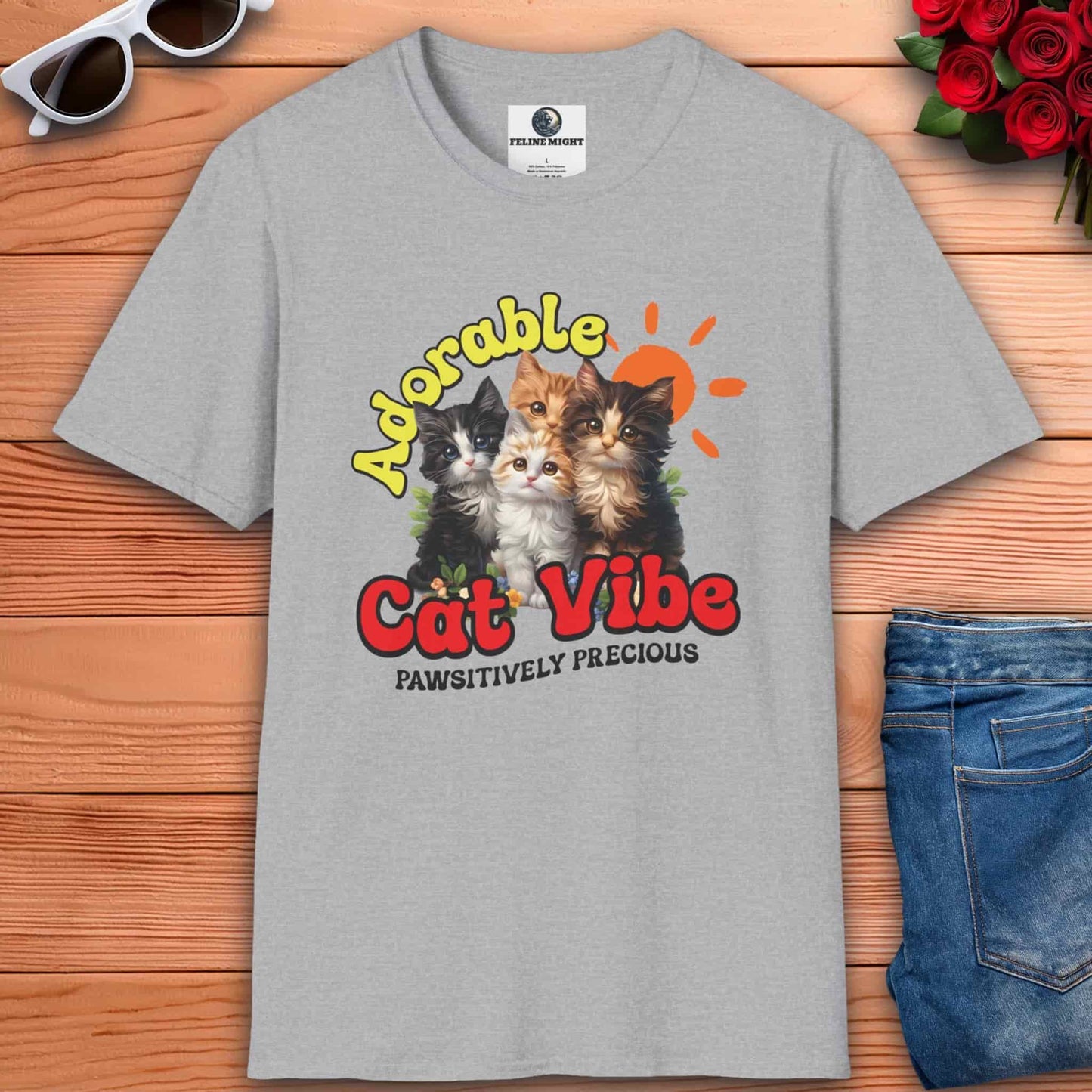 Sport grey t-shirt with 'Adorable Cat Vibe' graphic featuring four cute kittens