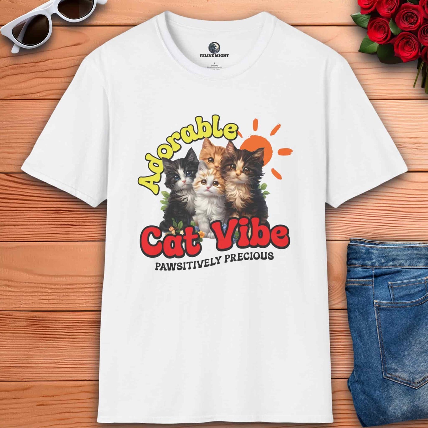 White t-shirt with 'Adorable Cat Vibe' graphic featuring four cute kittens