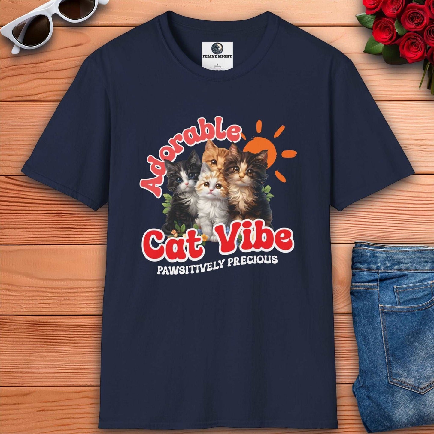 A stylish navy blue t-shirt displaying the words "adorable cat vibe," ideal for expressing a love for cats