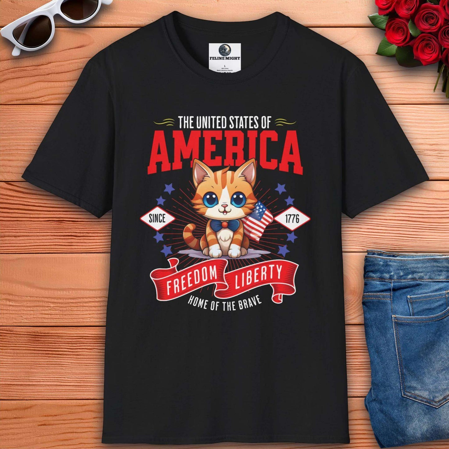 Cute American kitten black t-shirt design featuring the text 'Freedom Liberty' and stars