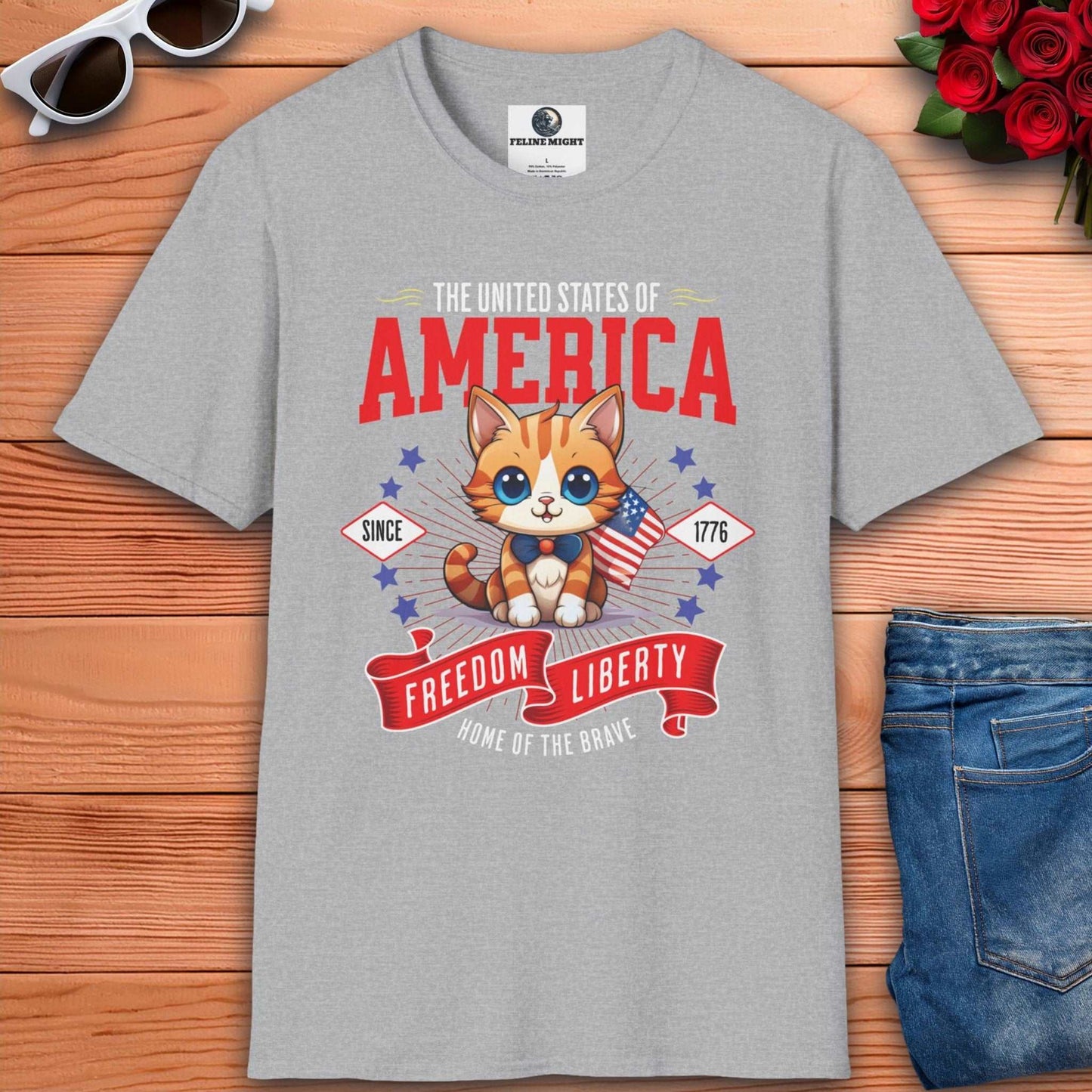 Cute American kitten grey t-shirt design featuring the text 'Freedom Liberty' and stars