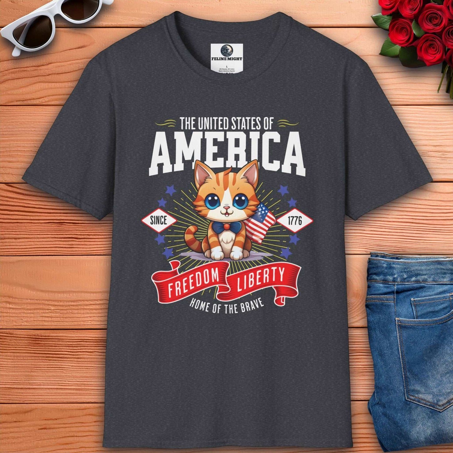 Cute American kitten dark heather grey t-shirt design featuring the text 'Freedom Liberty' and stars