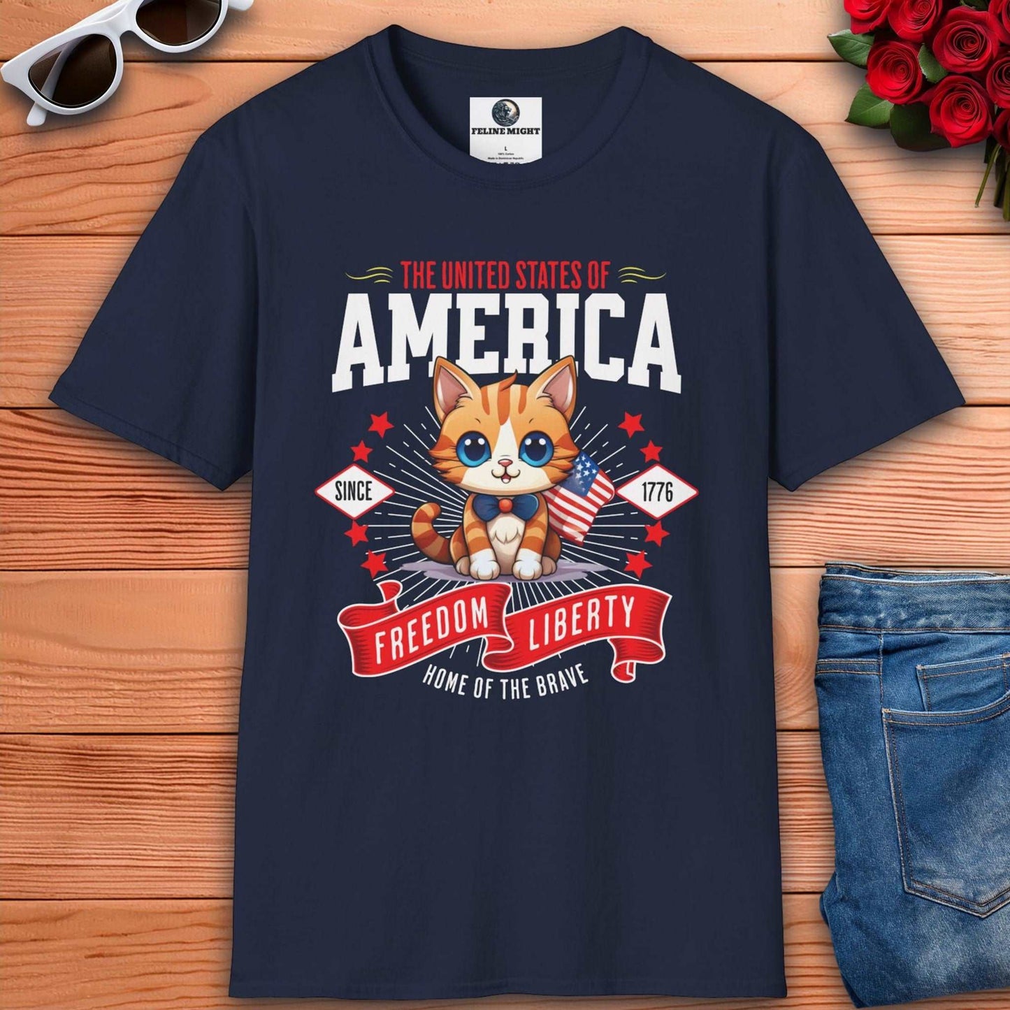 Cute American kitten navy blue t-shirt design featuring the text 'Freedom Liberty' and stars