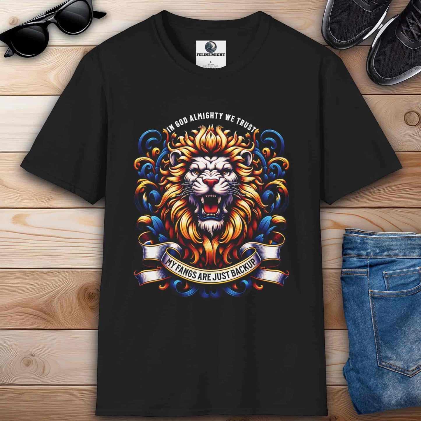 Black graphic t-shirt with a colorful lion design and the phrase 'In God Almighty We Trust'.