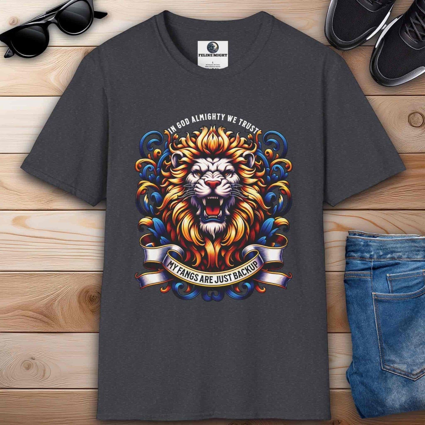 Dark heather grey graphic t-shirt with a colorful lion design and the phrase 'In God Almighty We Trust'.