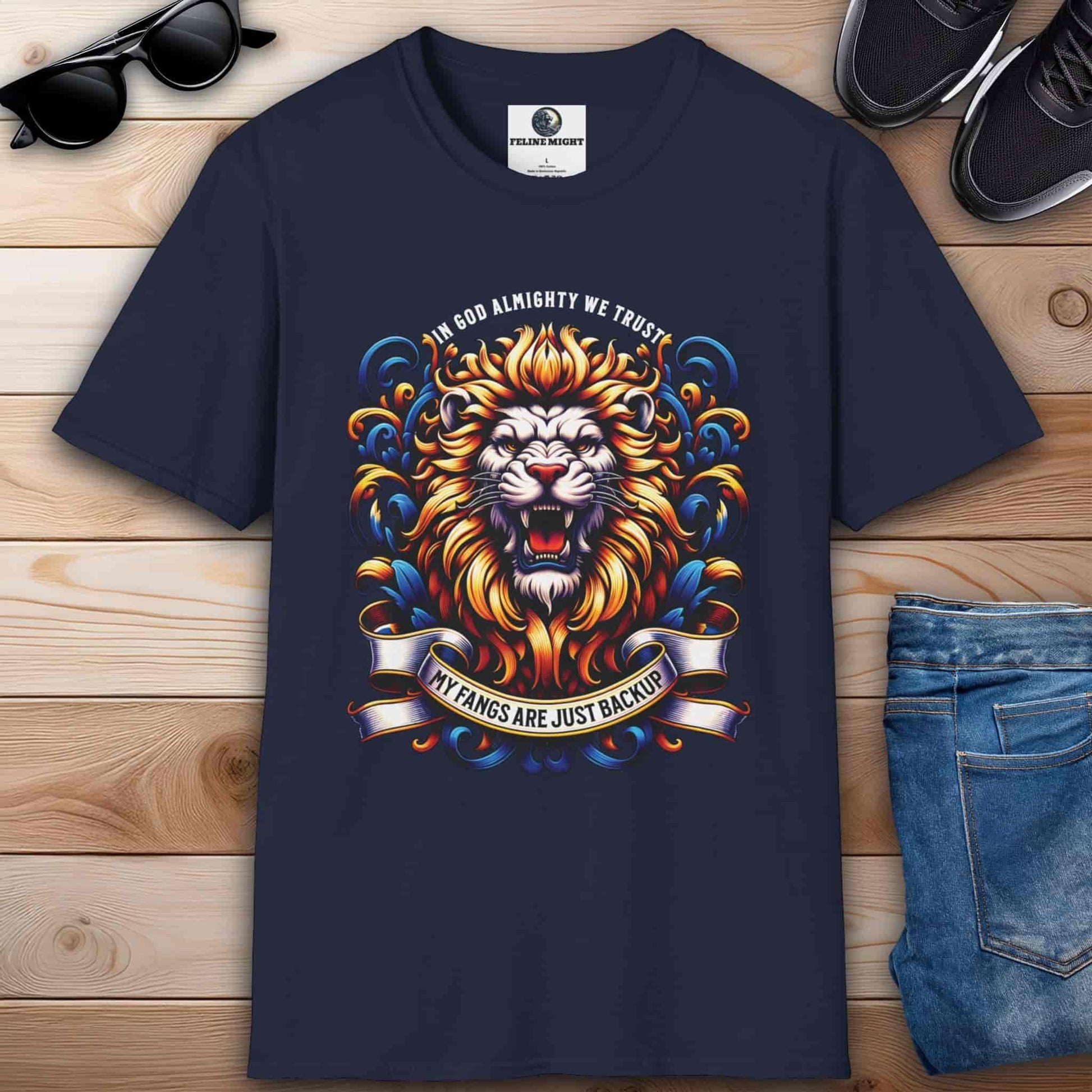 Navy blue graphic t-shirt with a colorful lion design and the phrase 'In God Almighty We Trust'.