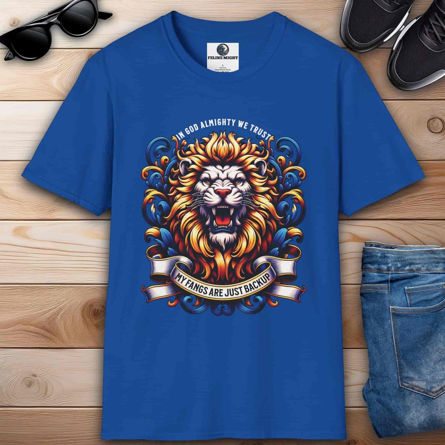 Royal blue graphic t-shirt with a colorful lion design and the phrase 'In God Almighty We Trust'.