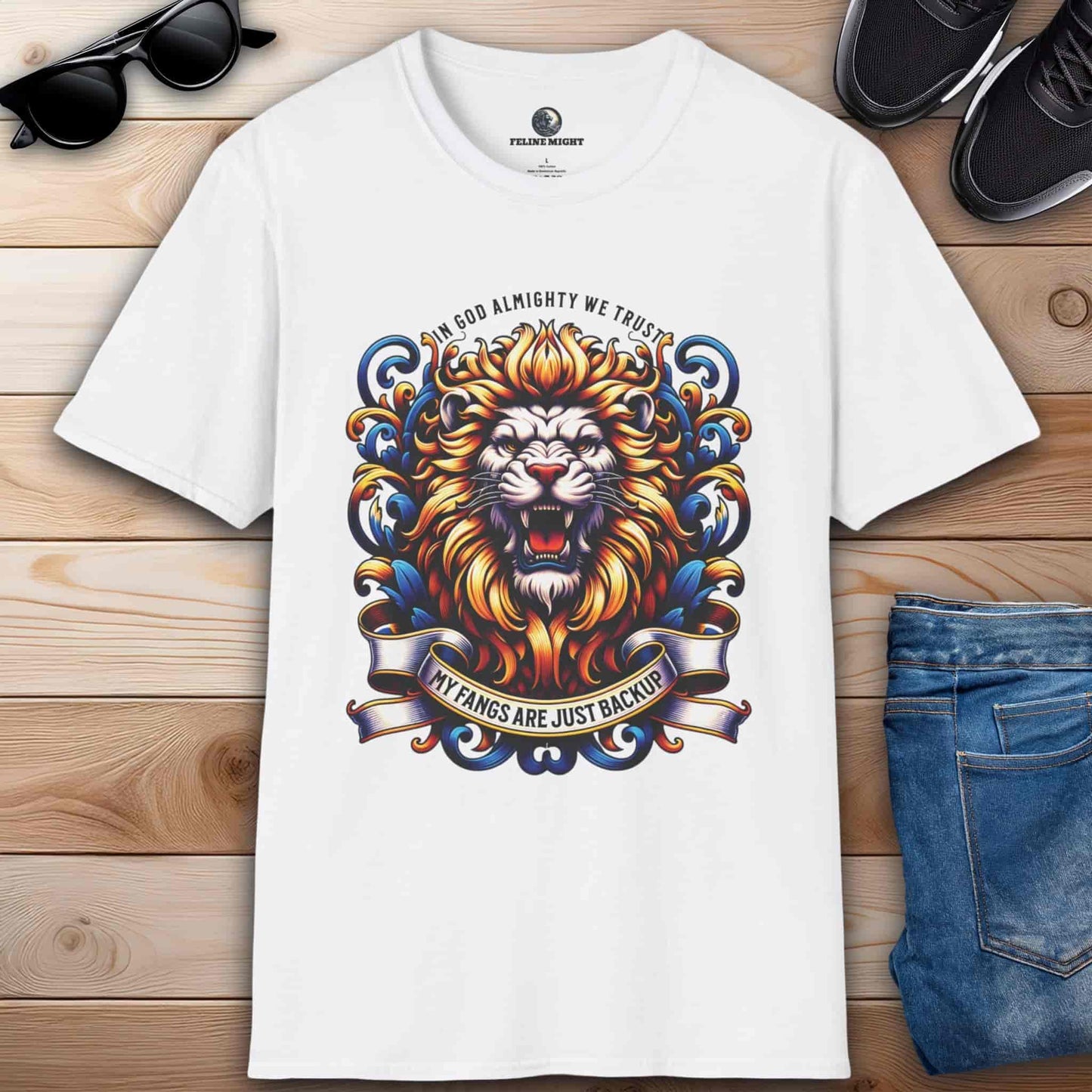 White graphic t-shirt with a colorful lion design and the phrase 'In God Almighty We Trust'.