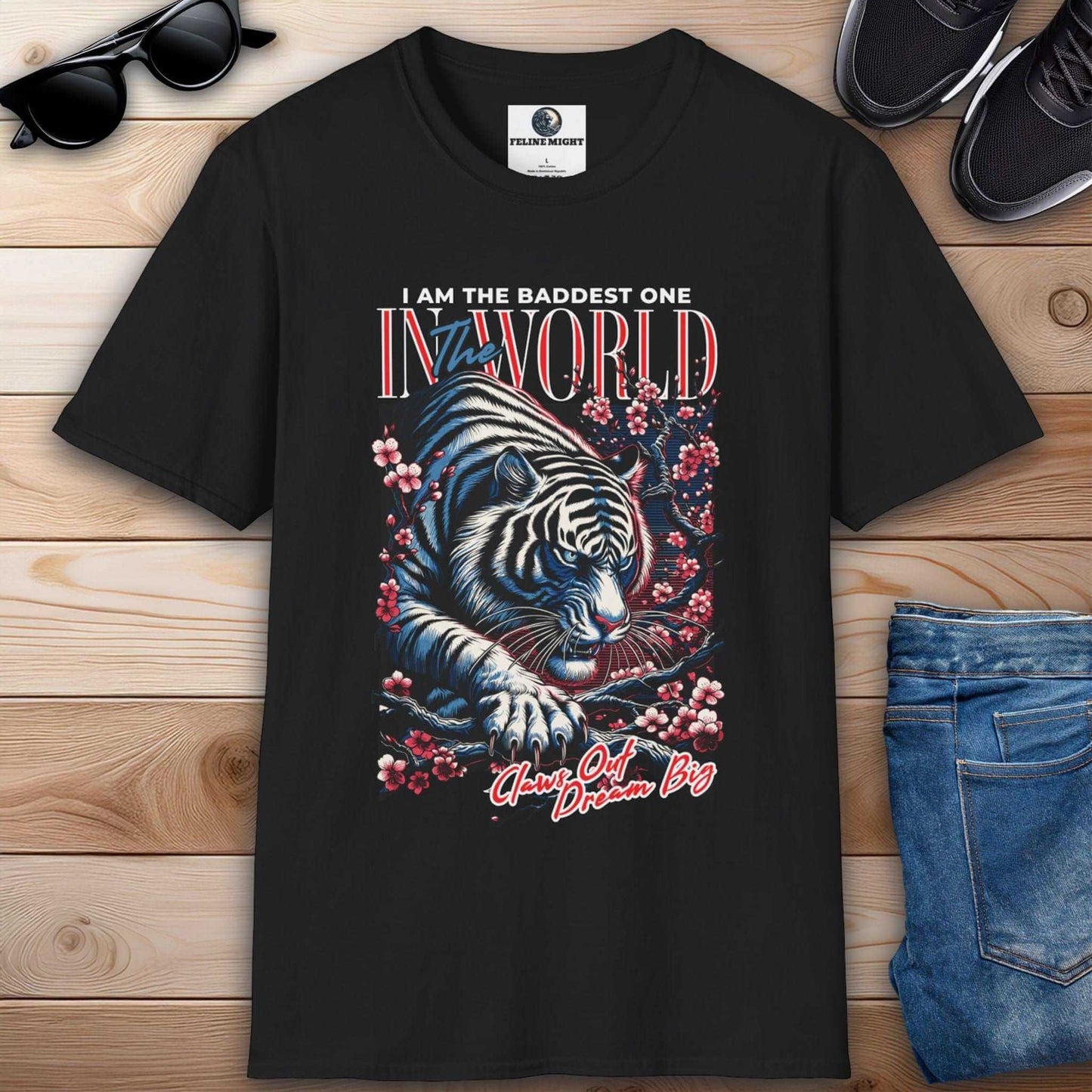 Black t-shirt featuring a fierce tiger design with the text 'I AM THE BADDEST ONE IN THE WORLD'