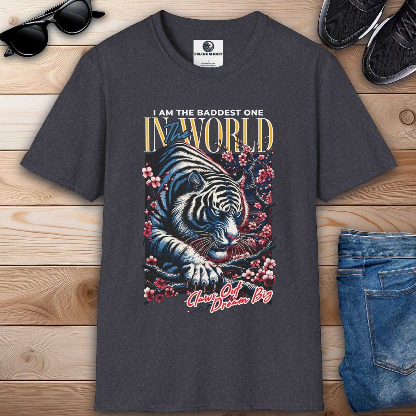 Dark heather grey t-shirt featuring a fierce tiger design with the text 'I AM THE BADDEST ONE IN THE WORLD'