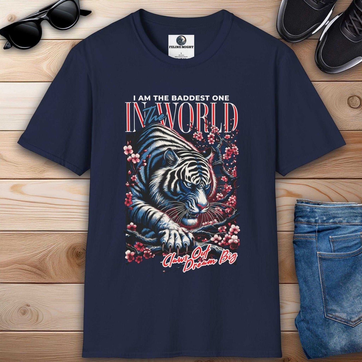 Navy blue t-shirt featuring a fierce tiger design with the text 'I AM THE BADDEST ONE IN THE WORLD'