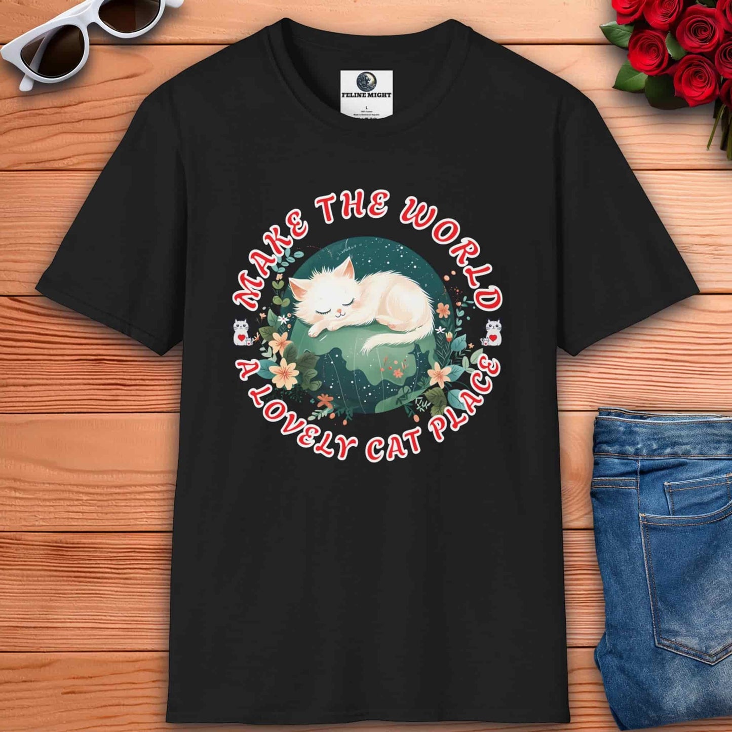 Black t-shirt with a sleeping white cat design and the text 'Make the World a Lovely Cat Place'