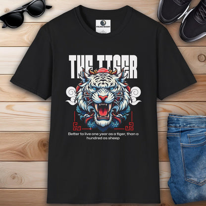 Black t-shirt featuring a fierce tiger graphic and motivational quote