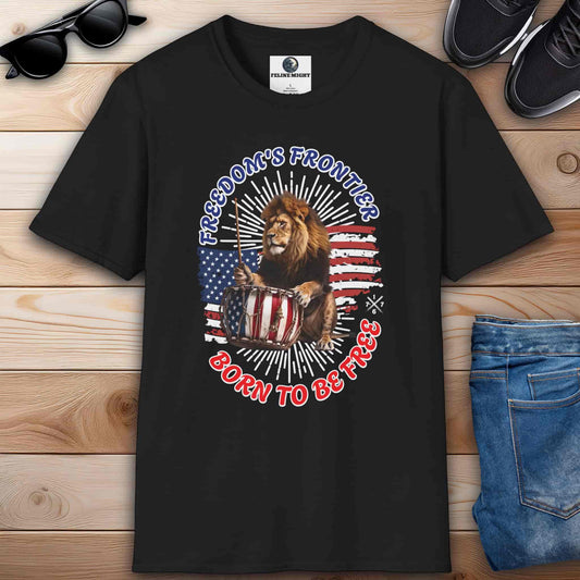 Black T-shirt with the slogan 'Born to Be Free' and a graphic design featuring the American flag and a lion playing the drums.