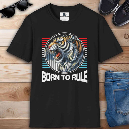 Black t-shirt featuring a fierce roaring tiger with the text 'Born to Rule' and vibrant colors