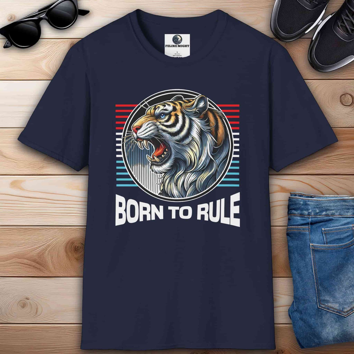 A navy blue Born to Rule Tiger T-Shirt featuring a fierce roaring tiger with vibrant colors and the text 'Born to Rule'.